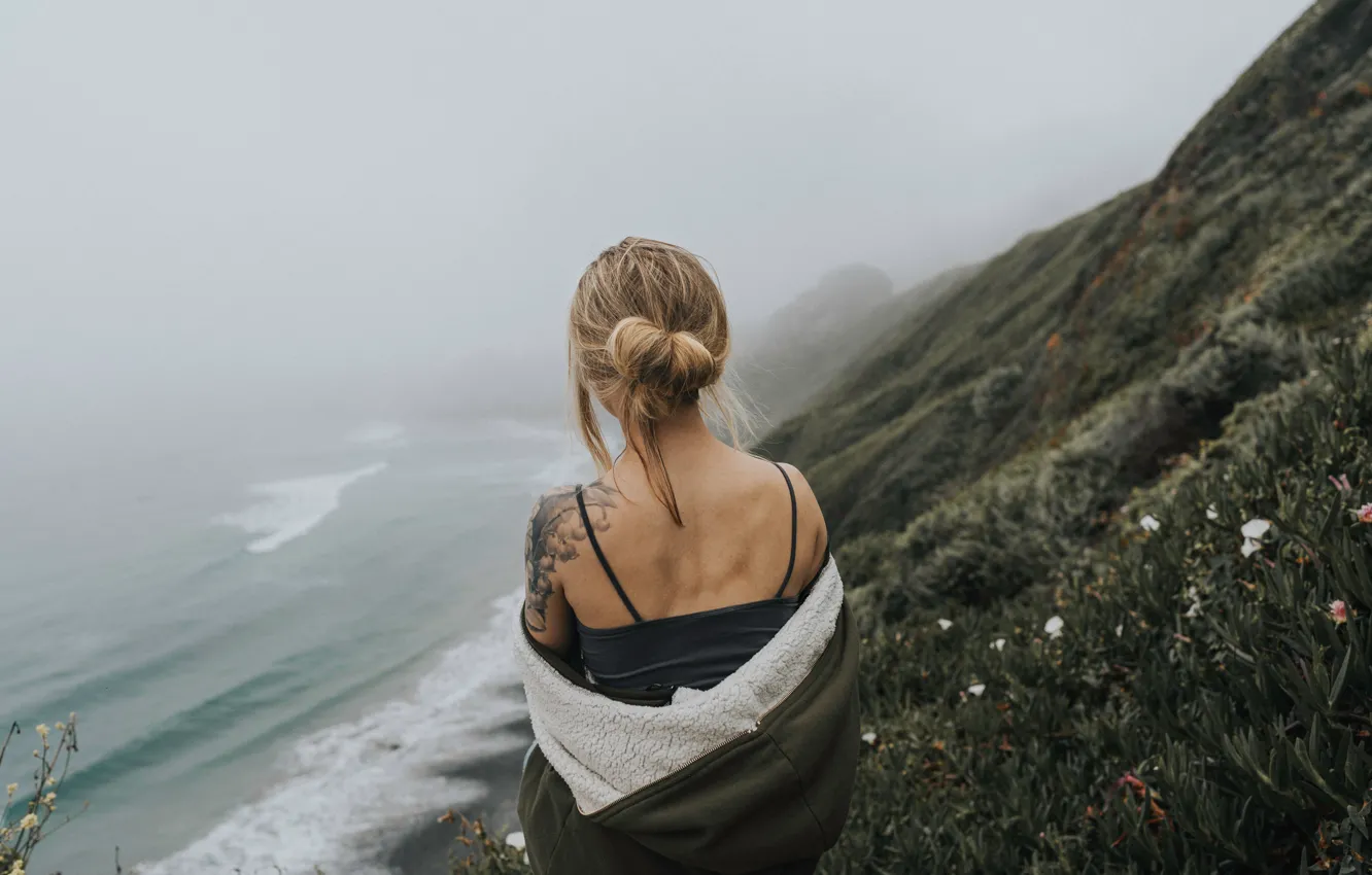 Photo wallpaper sea, wave, girl, mountains, fog, shore, hair, calm