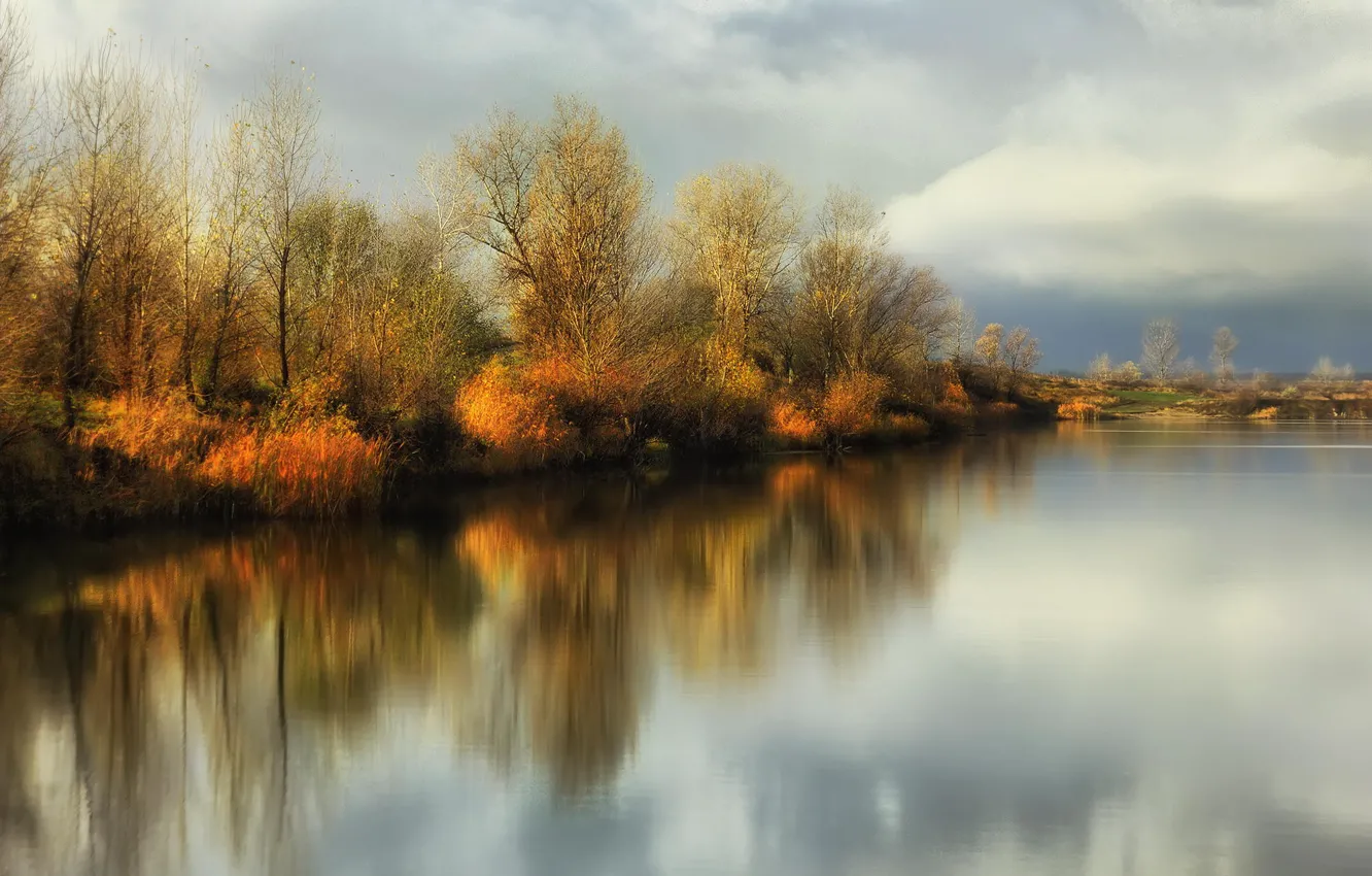 Photo wallpaper autumn, reflection, river, Autumn sunshine