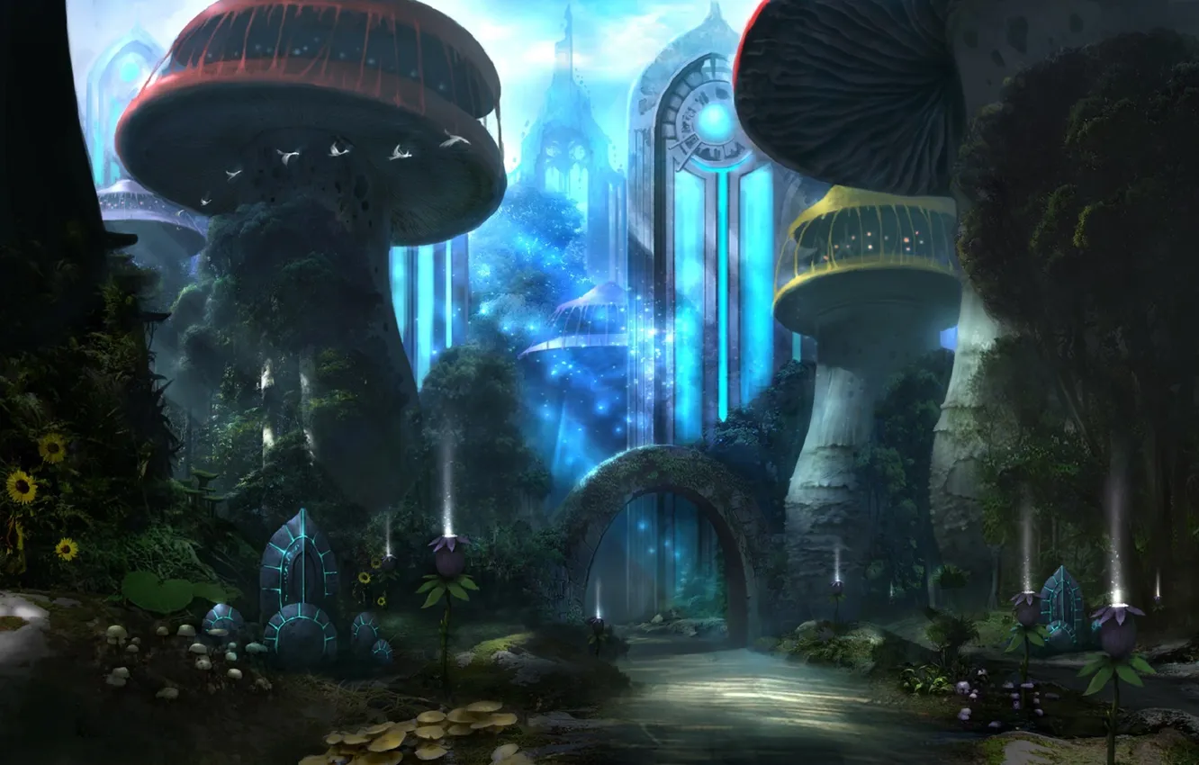 Photo wallpaper sunflowers, flowers, the city, bird, track, arch, Atlantica