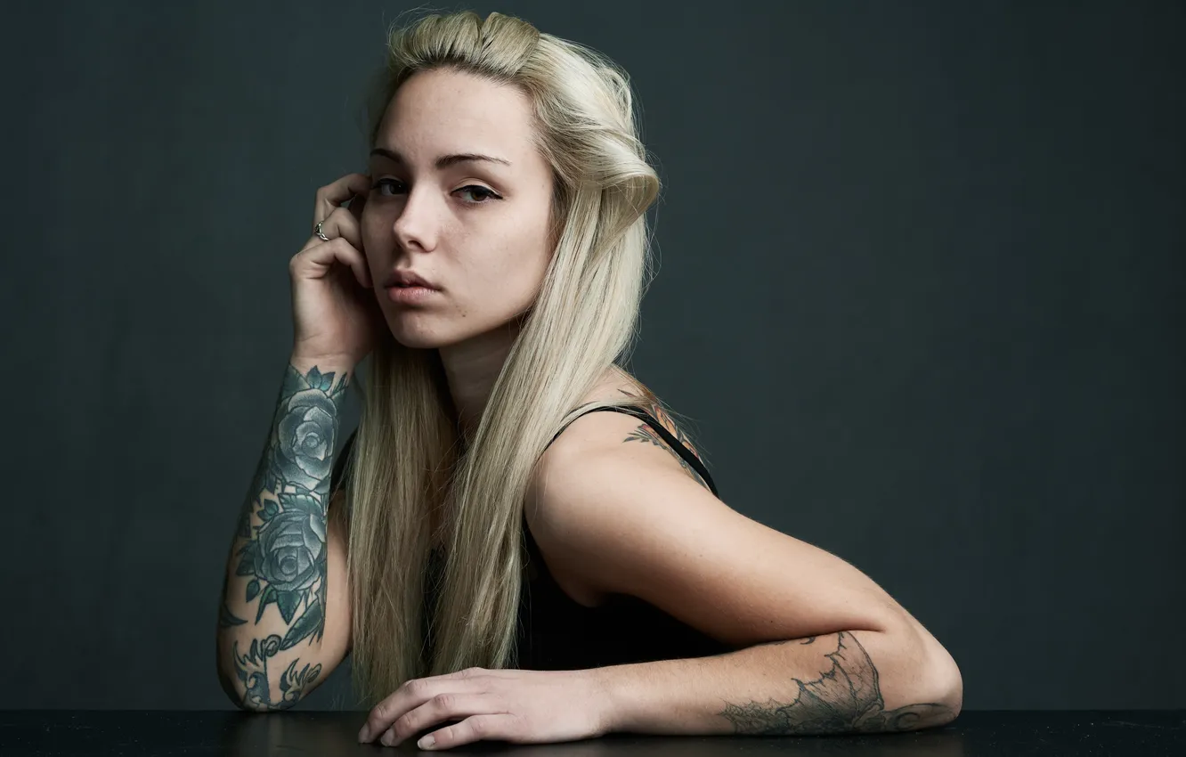 Photo wallpaper look, face, background, hair, blonde, tattoo