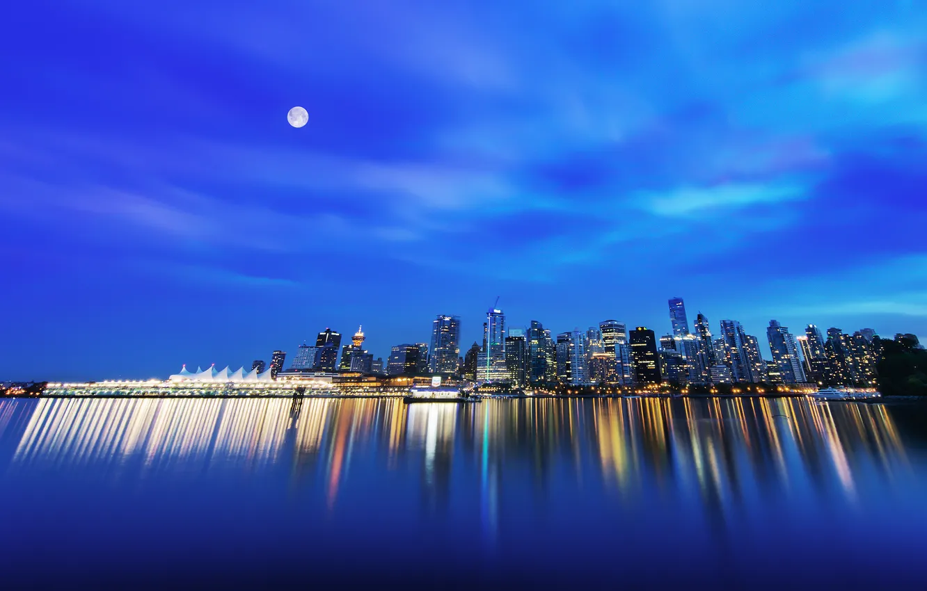 Photo wallpaper night, the city, skyscrapers, Stanley Park, Downtown Vancouver