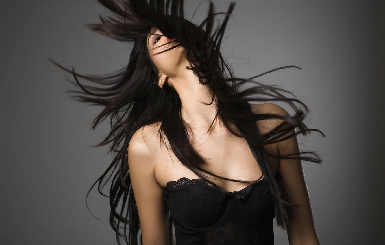 Photo wallpaper face, background, black, hair, dress, brown hair, curls