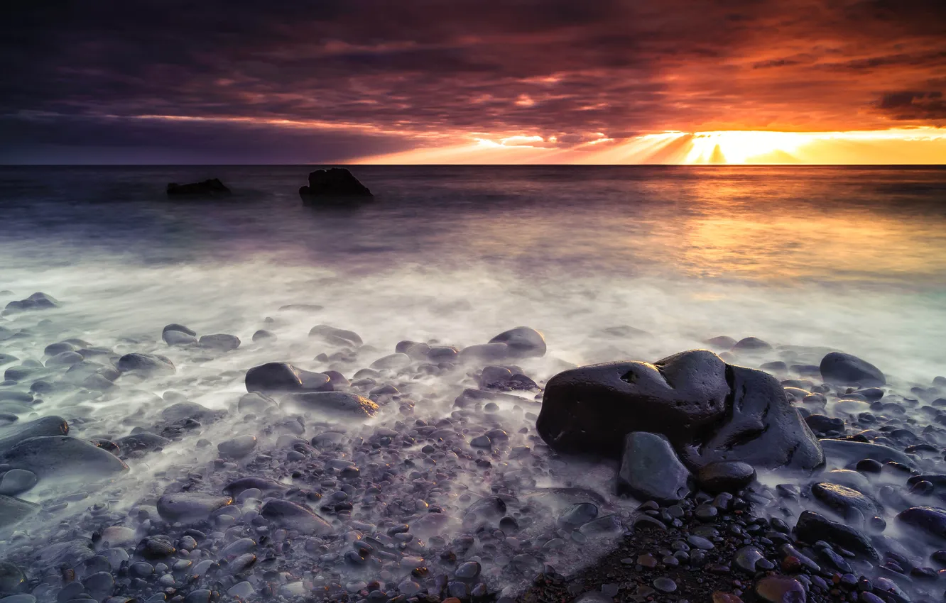 Photo wallpaper sea, the sky, clouds, light, stones, the evening