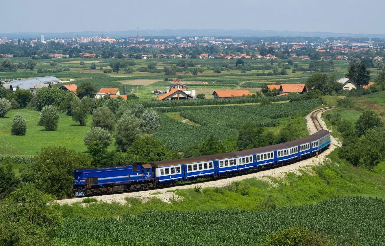Photo wallpaper roof, summer, trees, blue, train, home, railroad, the village
