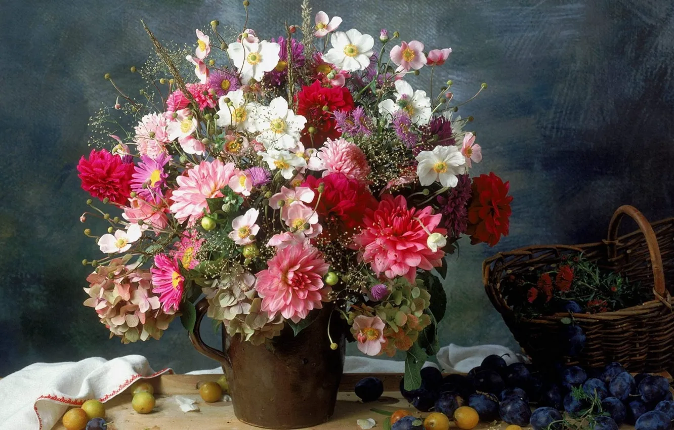 Photo wallpaper flowers, bouquet, still life, plum