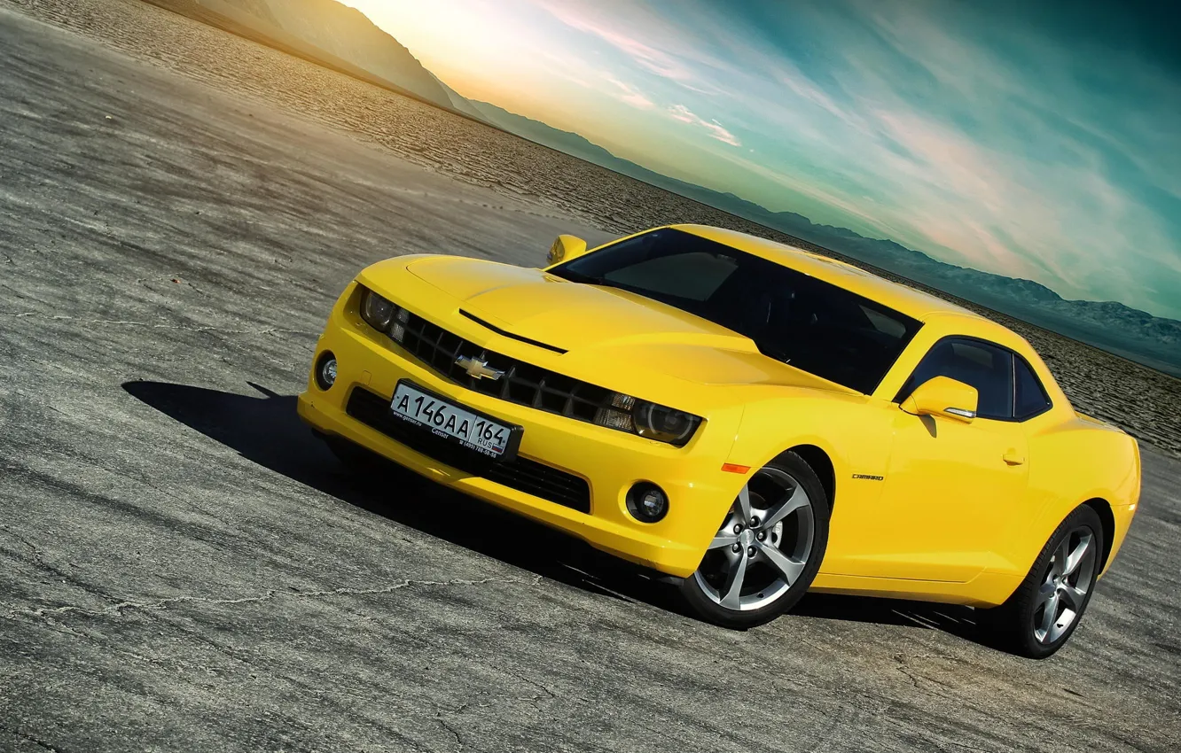 Photo wallpaper Chevrolet, Muscle, Light, Camaro, Car, Sky, Sun, Yellow