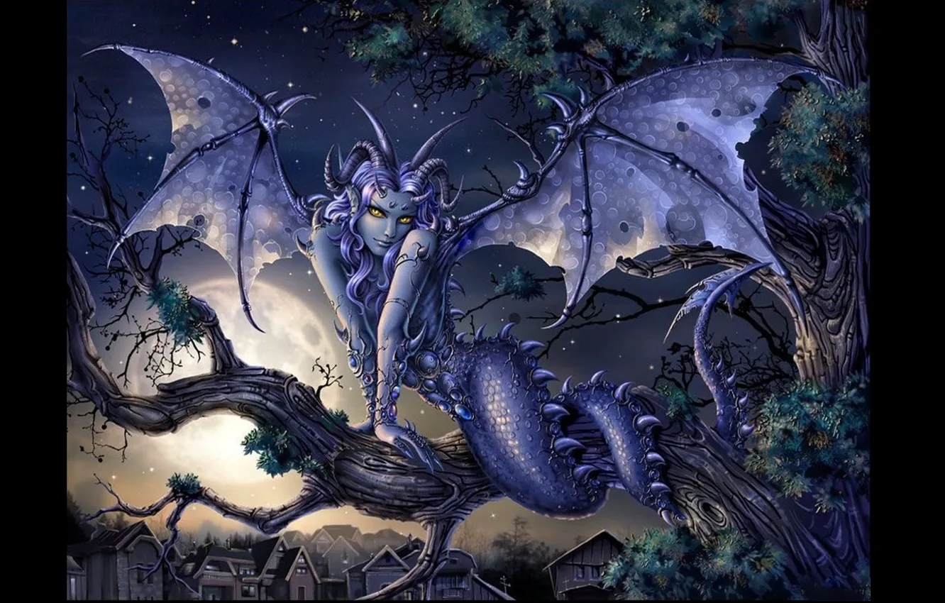 Photo wallpaper night, wings, being, scales, tail, horns, The demon, the full moon