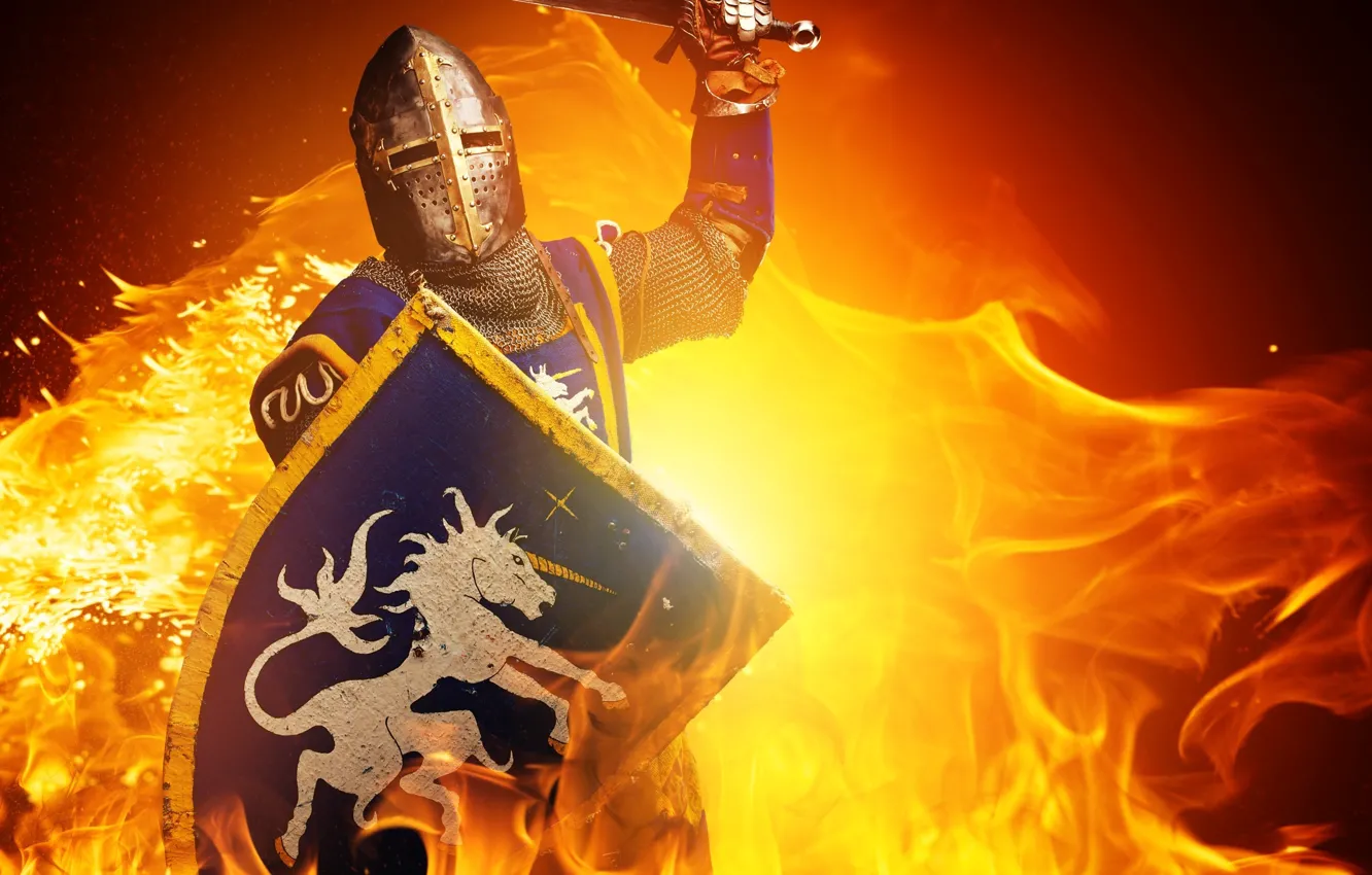 Photo wallpaper lights, fire, shield, knight, shield, knight