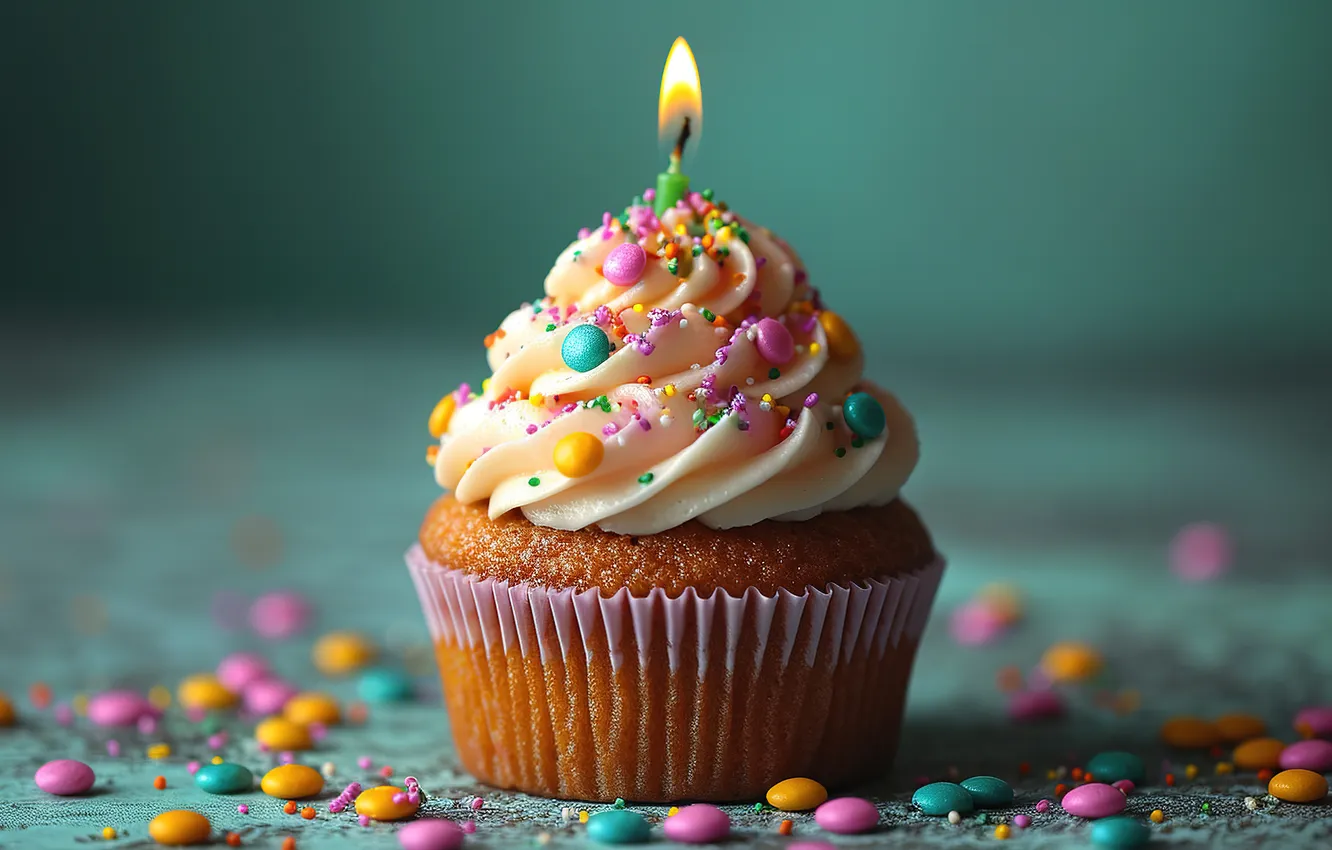 Photo wallpaper birthday, colorful, cake, celebration, candle, candle, Happy, cupcakes