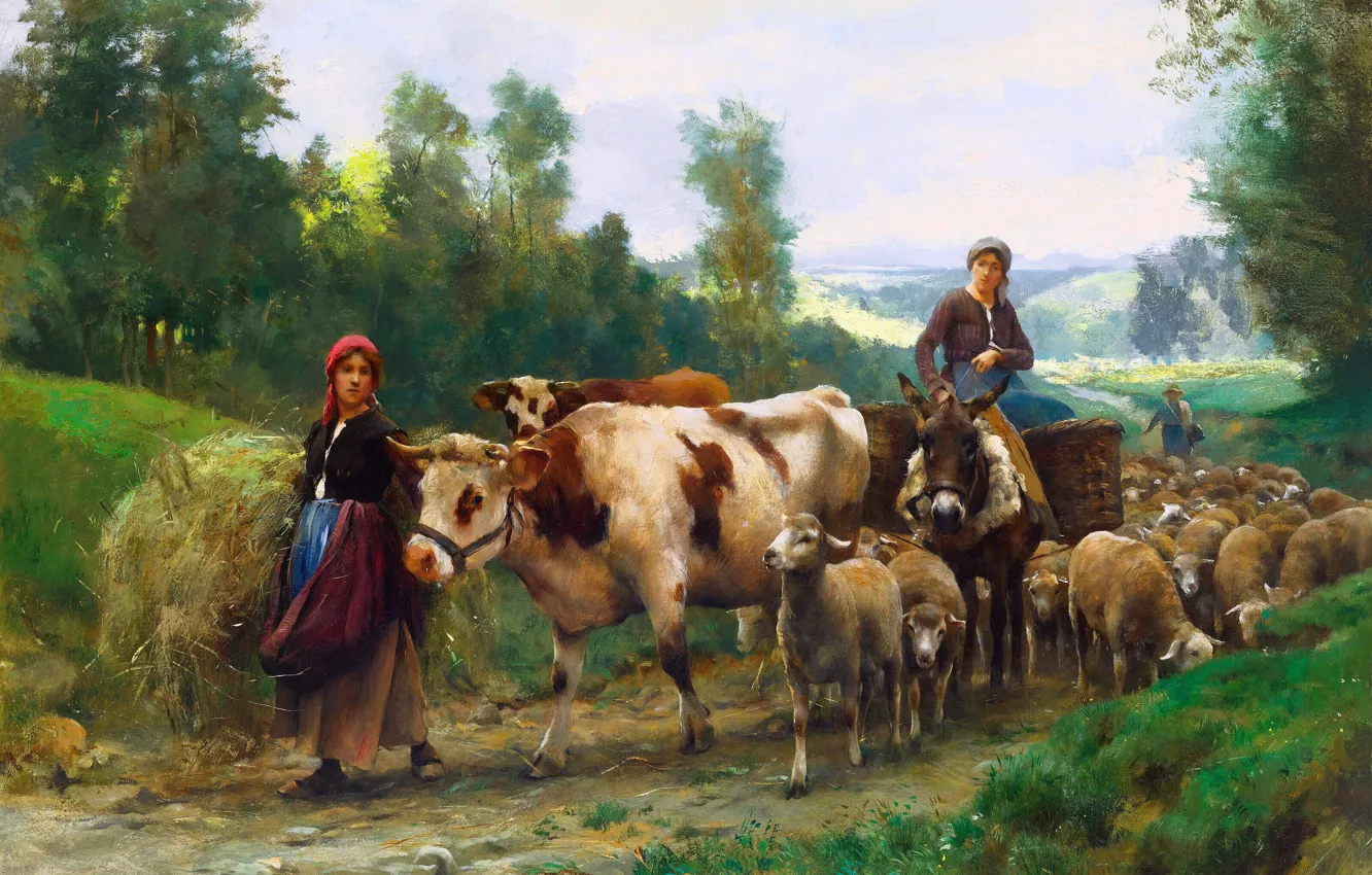 Photo wallpaper road, girl, trees, sheep, picture, cows, the herd, the Frenchman