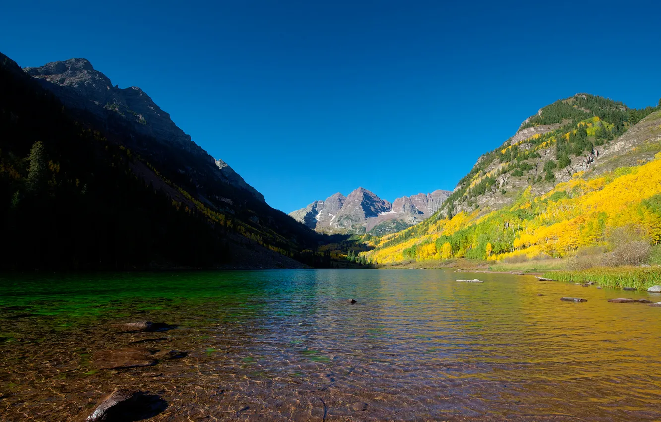 Photo wallpaper autumn, forest, the sky, mountains, lake