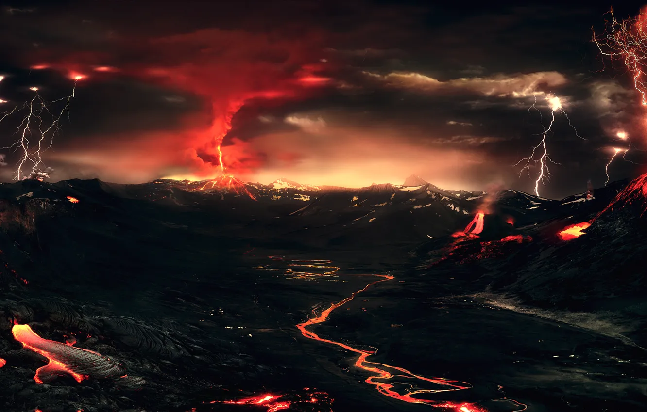 Photo wallpaper the storm, mountains, night, lights, lightning, the volcano, lava