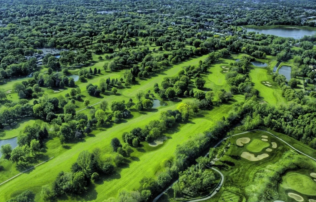 Photo wallpaper field, trees, landscape, pond, Golf