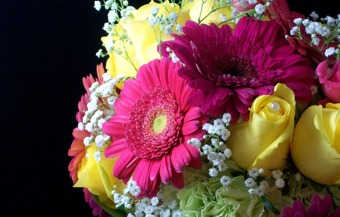 Photo wallpaper flowers, yellow, roses, bouquet, pearl, beautiful, gerbera, pearl