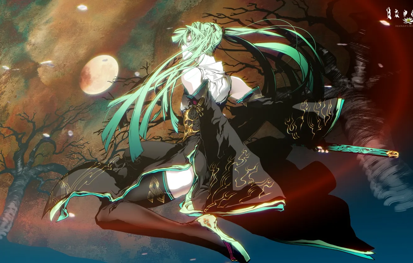 Photo wallpaper trees, kimono, vocaloid, hatsune miku, the full moon, black stockings, from the back, cloudy night
