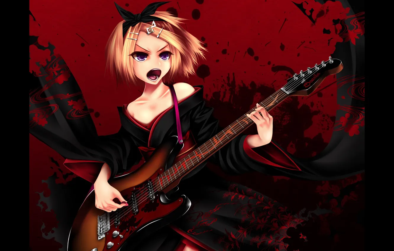 Photo wallpaper squirt, black, blood, guitar, spot, rock, kimono, vocaloid