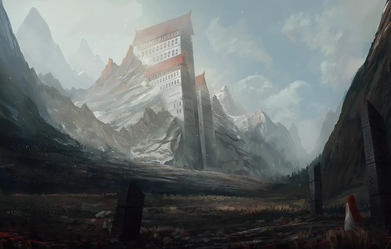 Photo wallpaper girl, landscape, mountains, rocks, building, home, art, columns