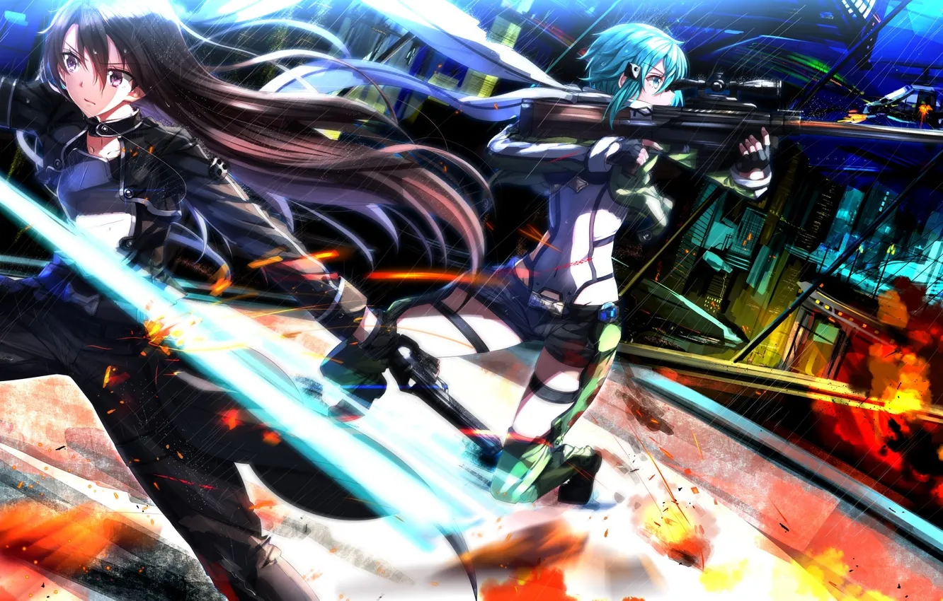 Photo wallpaper girl, weapons, anime, art, helicopter, the battle, sword art online, Kirigaya Kazuto