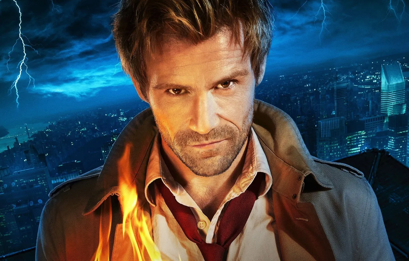 Photo wallpaper city, fire, flame, man, hero, suit, season, DC Comics