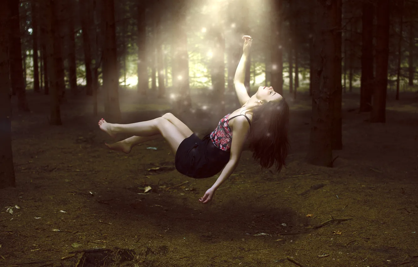 Photo wallpaper forest, girl, trees, brown hair, levitation