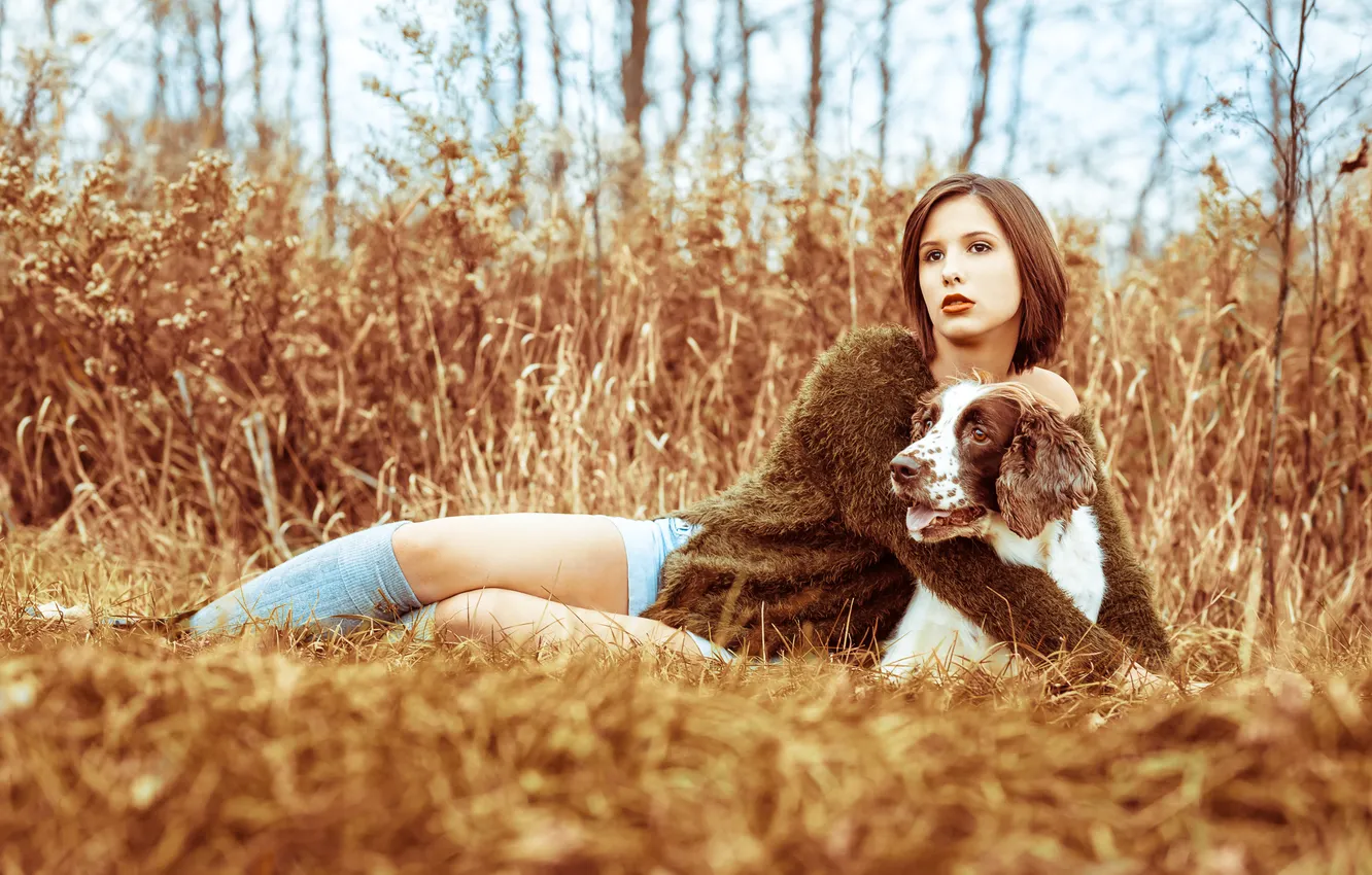 Photo wallpaper autumn, girl, dog