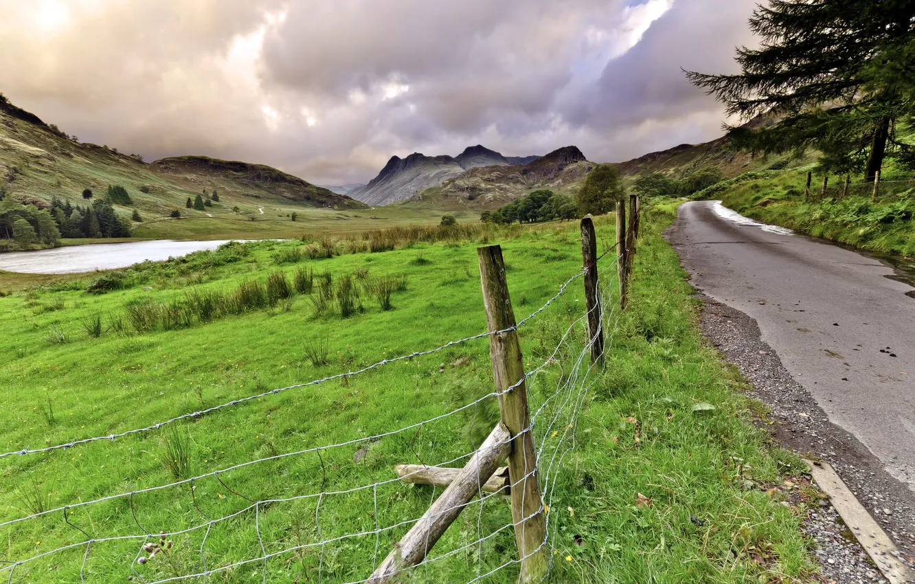 Photo wallpaper road, field, landscape, the fence