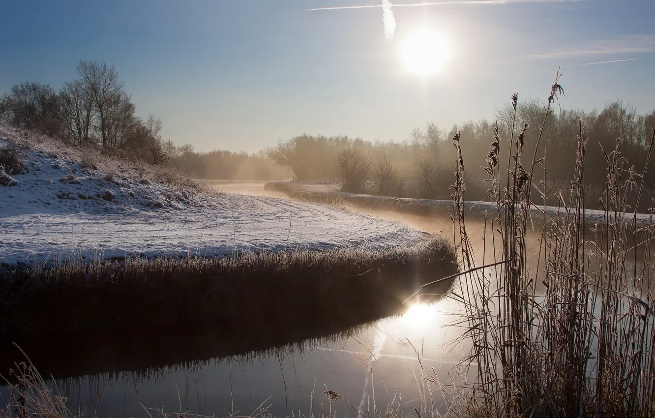 Photo wallpaper landscape, fog, river, morning