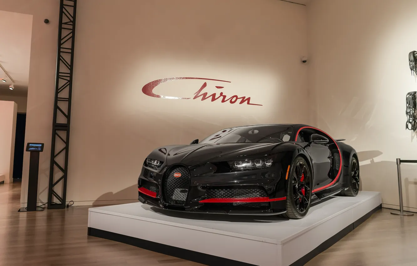 Photo wallpaper bugatti, black, chiron, stend