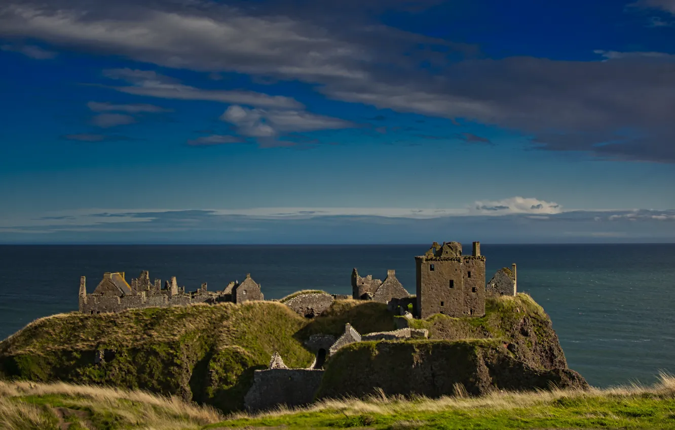 Photo wallpaper sea, the sky, clouds, castle, Scotland, ruins, architecture, Of dunnottar