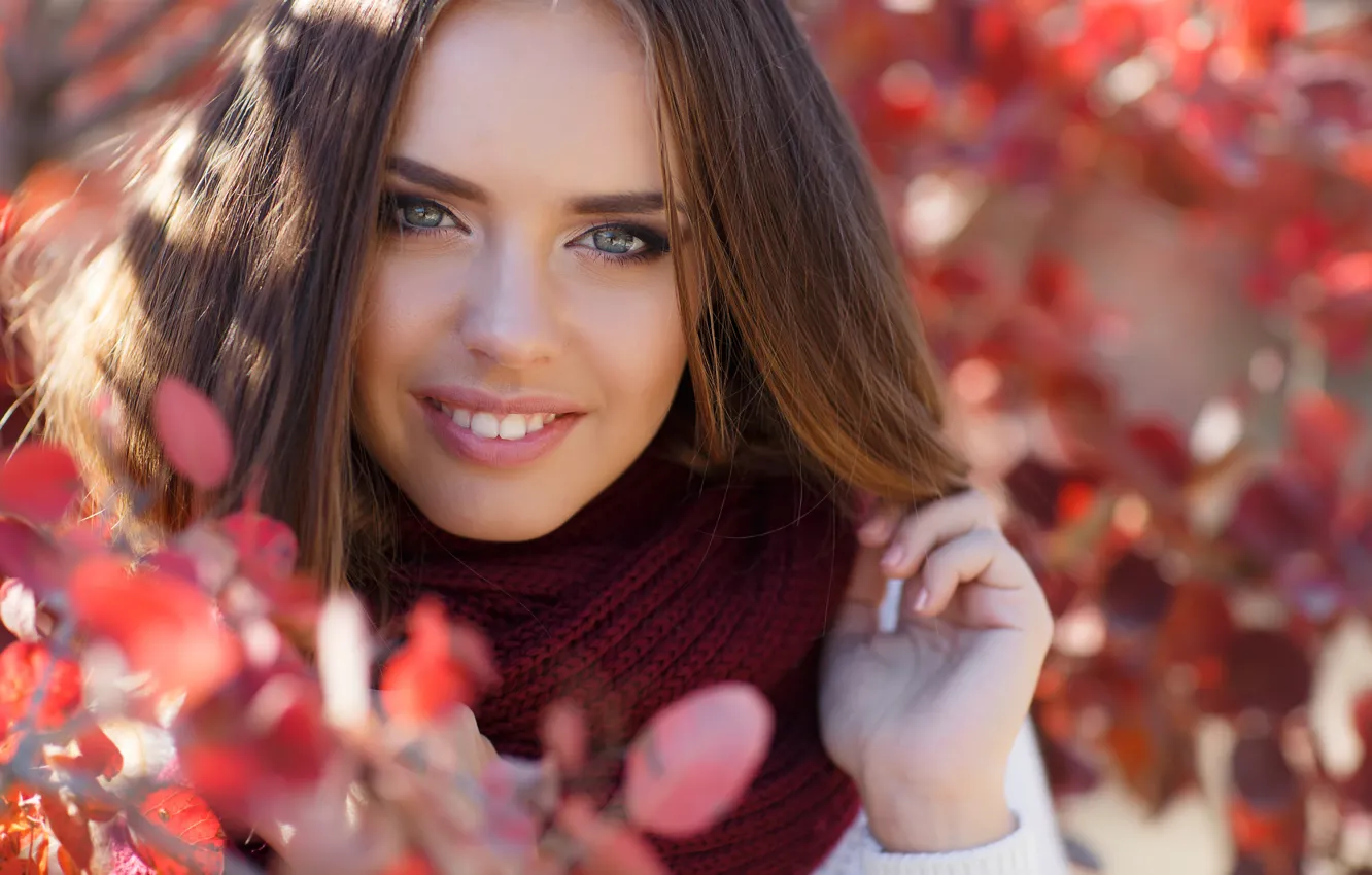 Photo wallpaper autumn, leaves, girl, portrait, the bushes