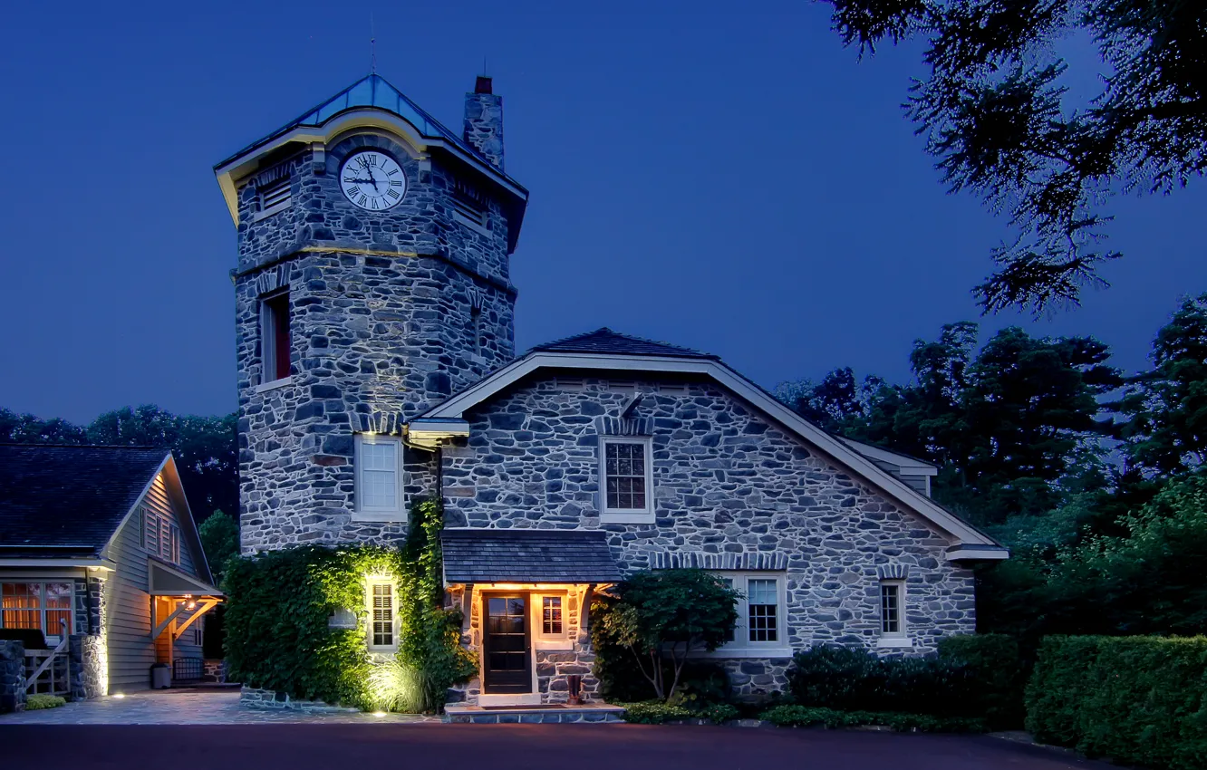 Photo wallpaper trees, night, design, lights, house, watch, tower, mansion