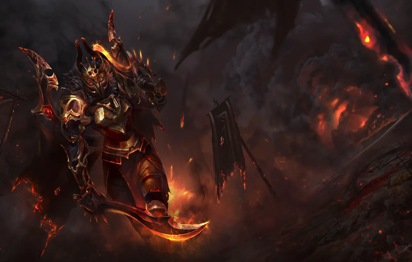 Photo wallpaper lights, smoke, sword, art, banner, armor, DotA 2, dota 2