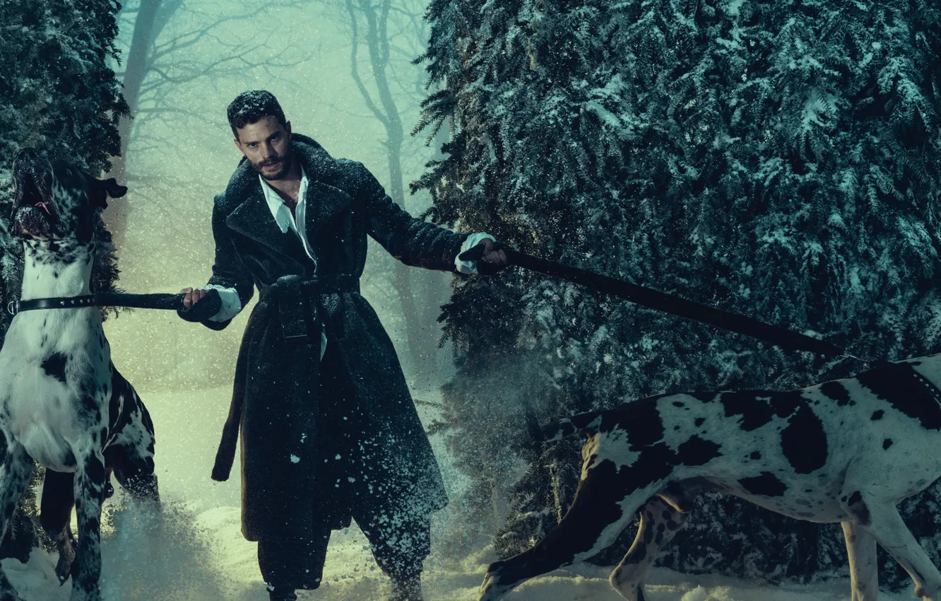 Photo wallpaper winter, forest, dogs, snow, trees, actor, coat, photoshoot