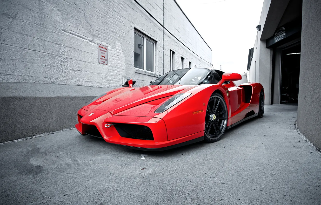 Photo wallpaper the sky, red, the building, Windows, lane, ferrari, Ferrari, front view