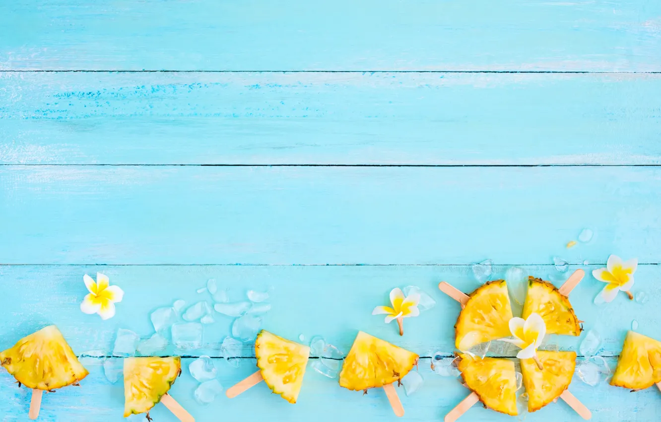 Photo wallpaper fruit, ice, summer, pineapple, wood, slices, fruit, pineapple