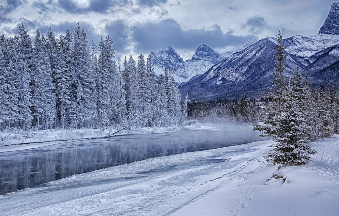 Photo wallpaper ice, winter, forest, snow, mountains, river