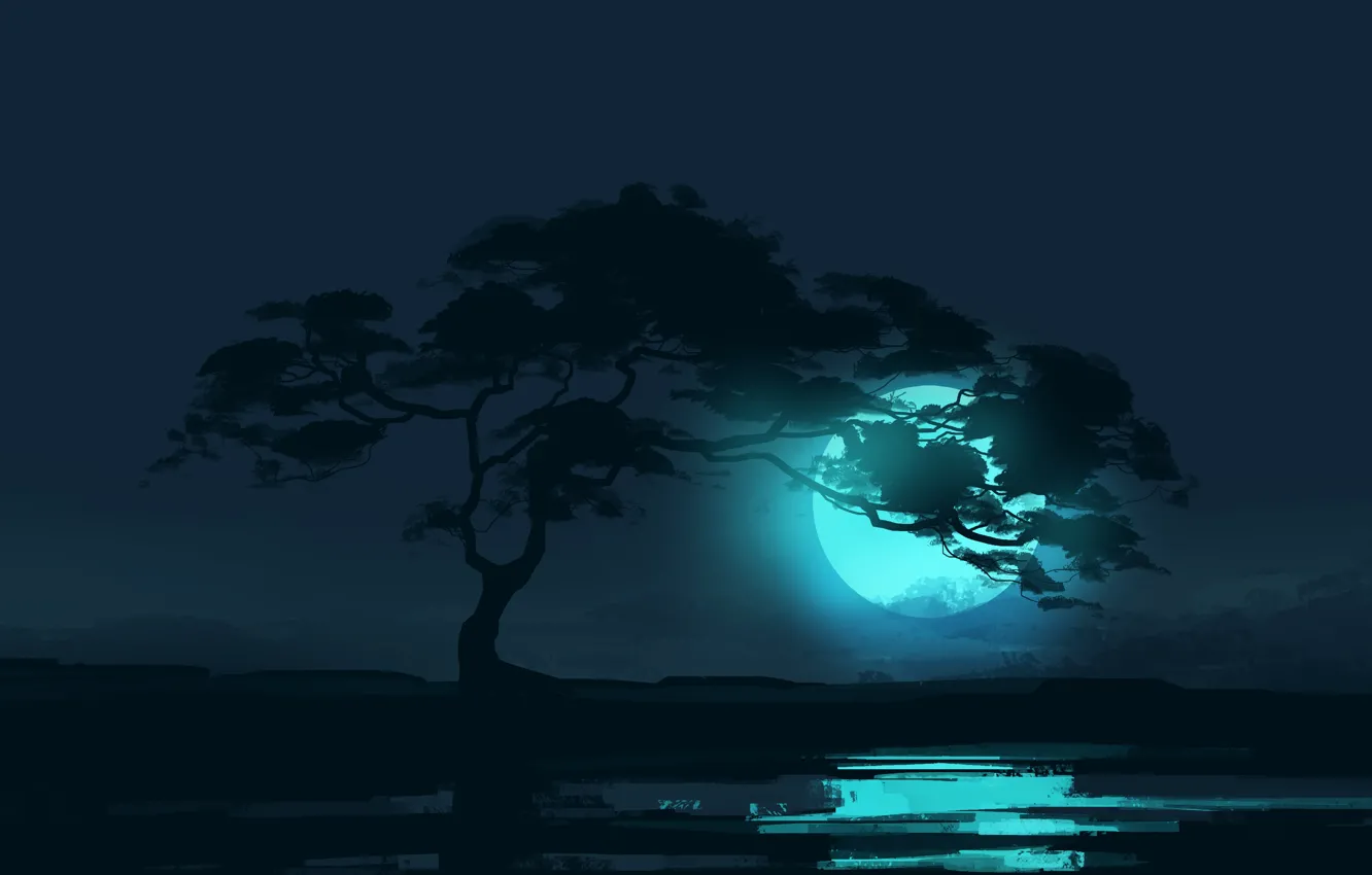 Photo wallpaper moon, trees, landscape, night, moonlight, reflection, digital art, artwork