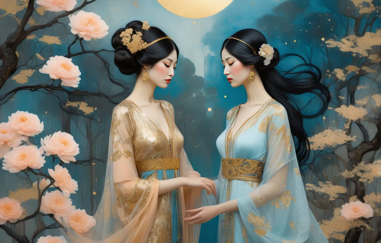 Photo wallpaper girl, flowers, night, branches, pose, Park, branch, the moon