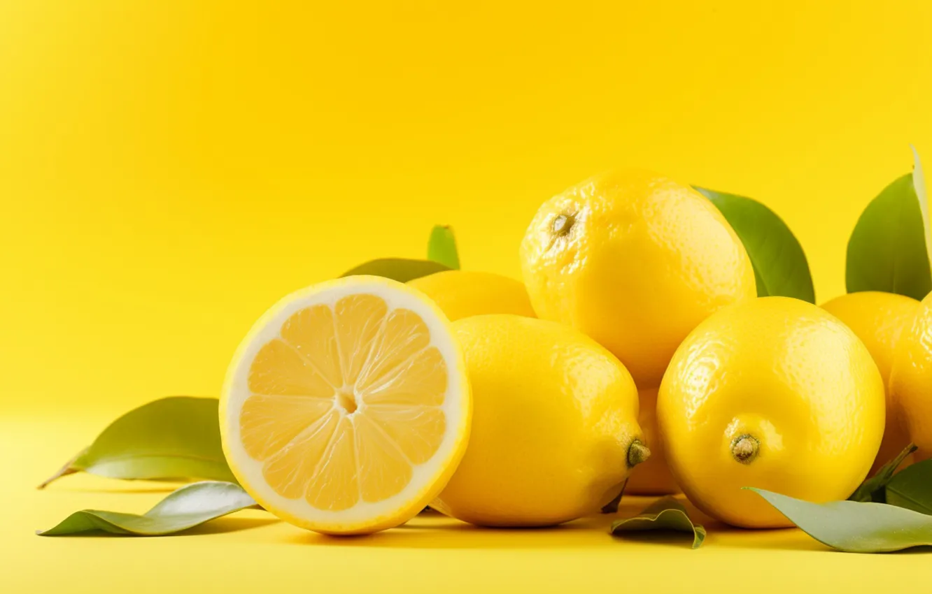 Photo wallpaper leaves, lemon, citrus, yellow background, AI art, neural network