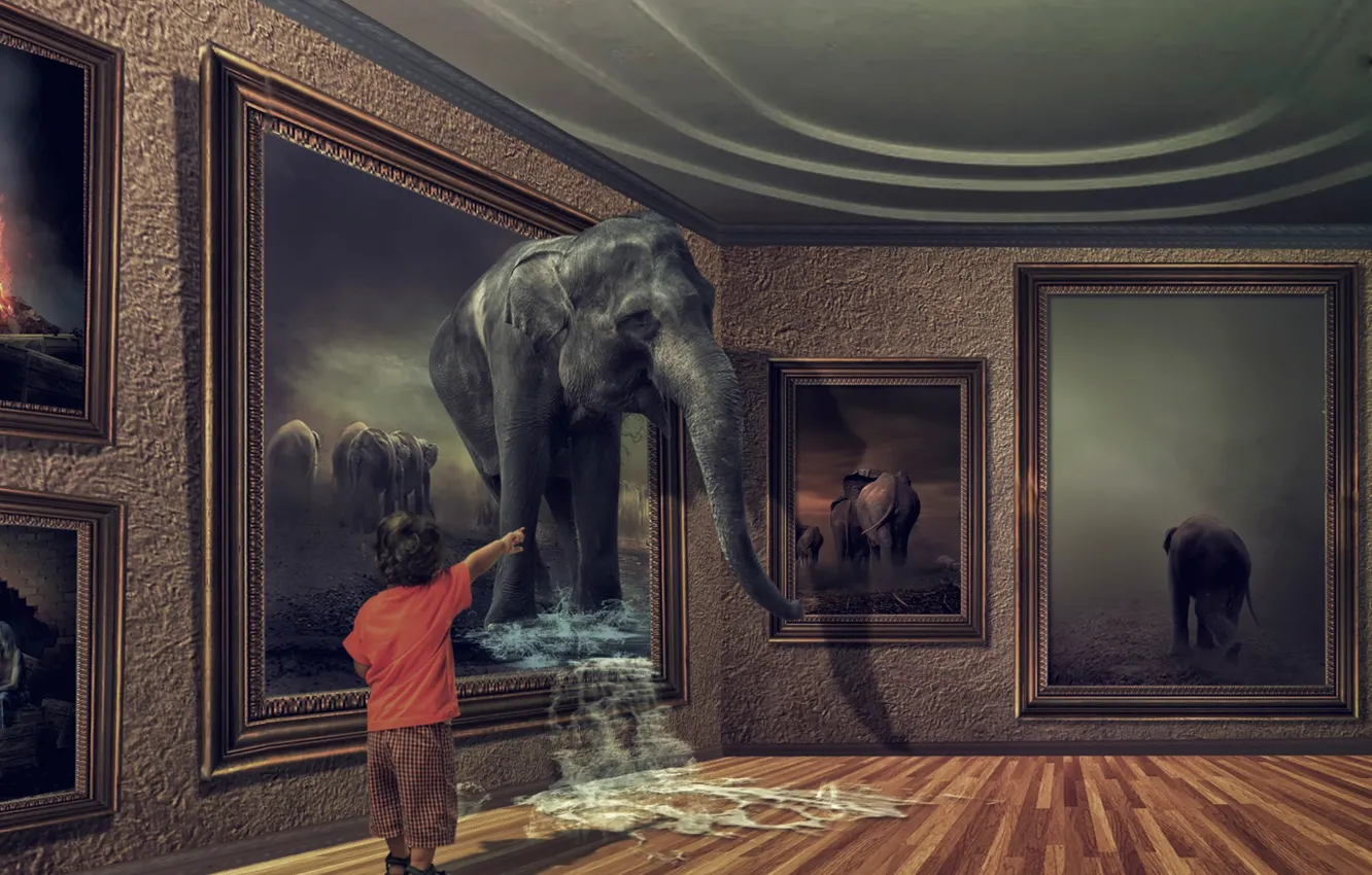 Photo wallpaper elephant, picture, boy