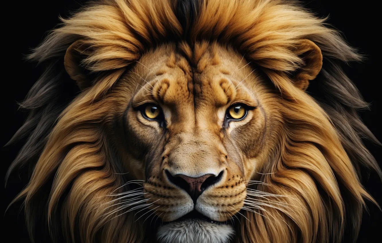 Photo wallpaper animals, lion, black background, mane, AI Art