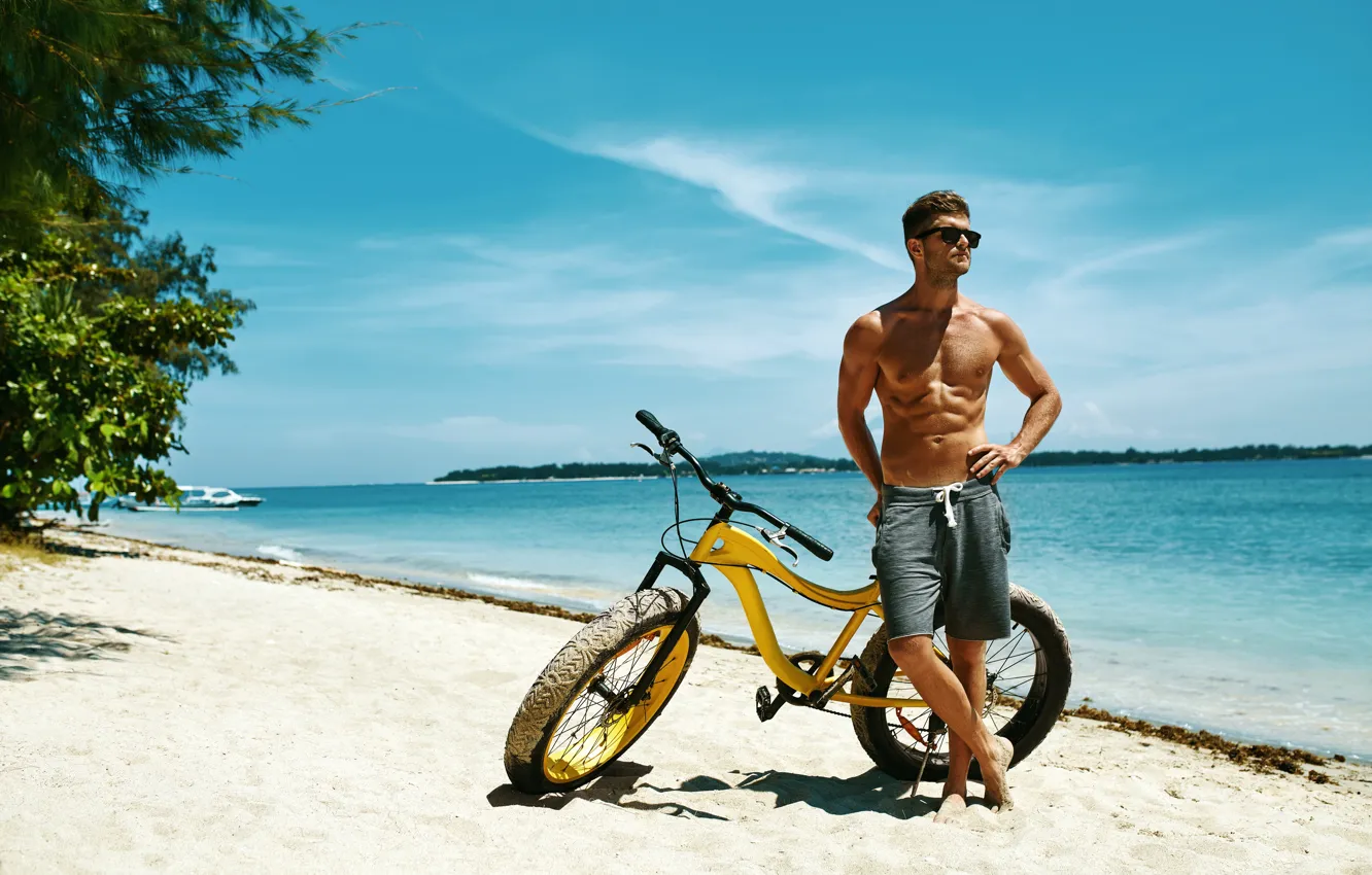 Photo wallpaper sand, sea, beach, the sky, the sun, bike, pose, tropics