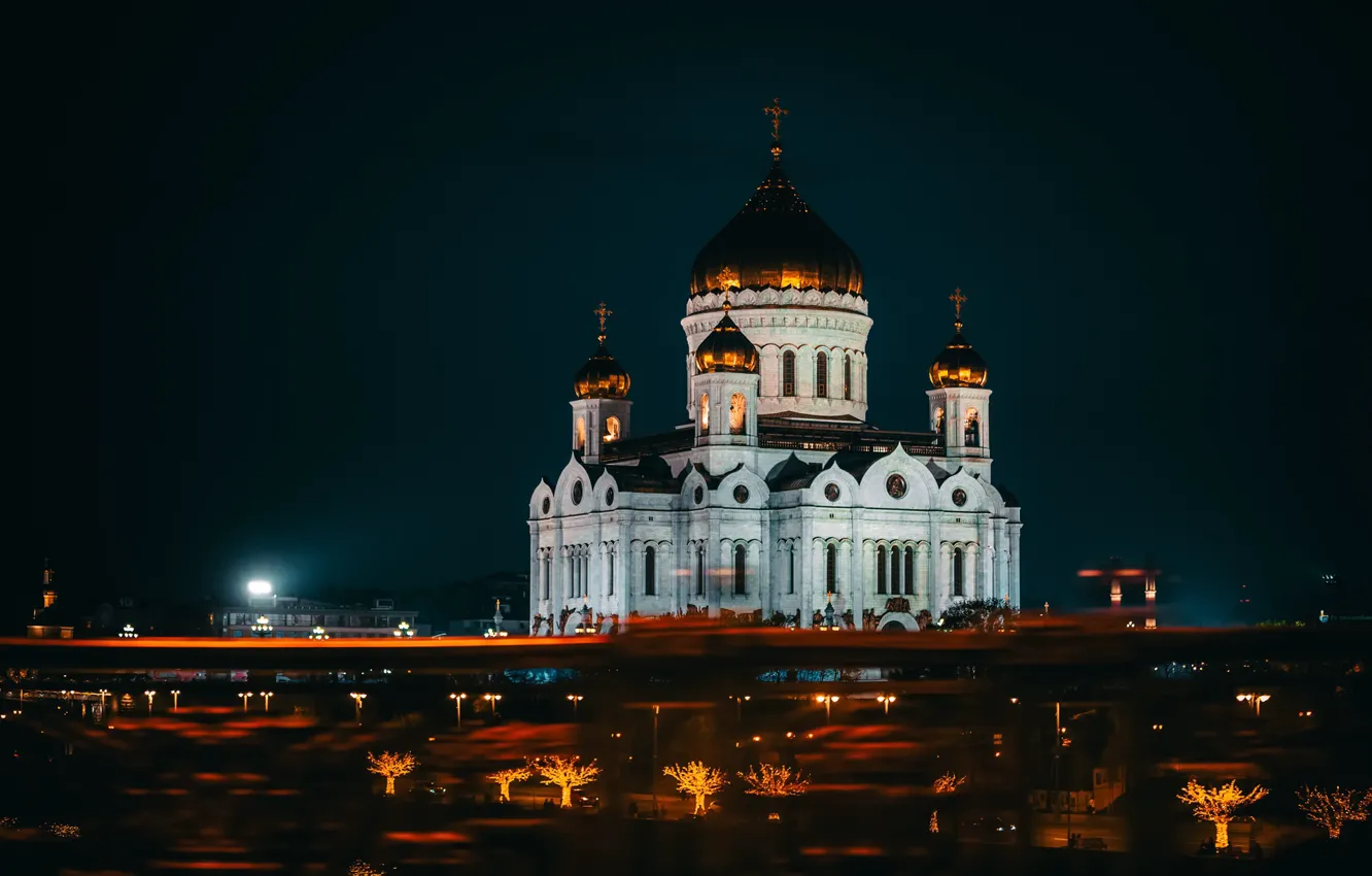 Photo wallpaper night, bridge, the city, lighting, Moscow, temple, The Cathedral Of Christ The Savior, HHS