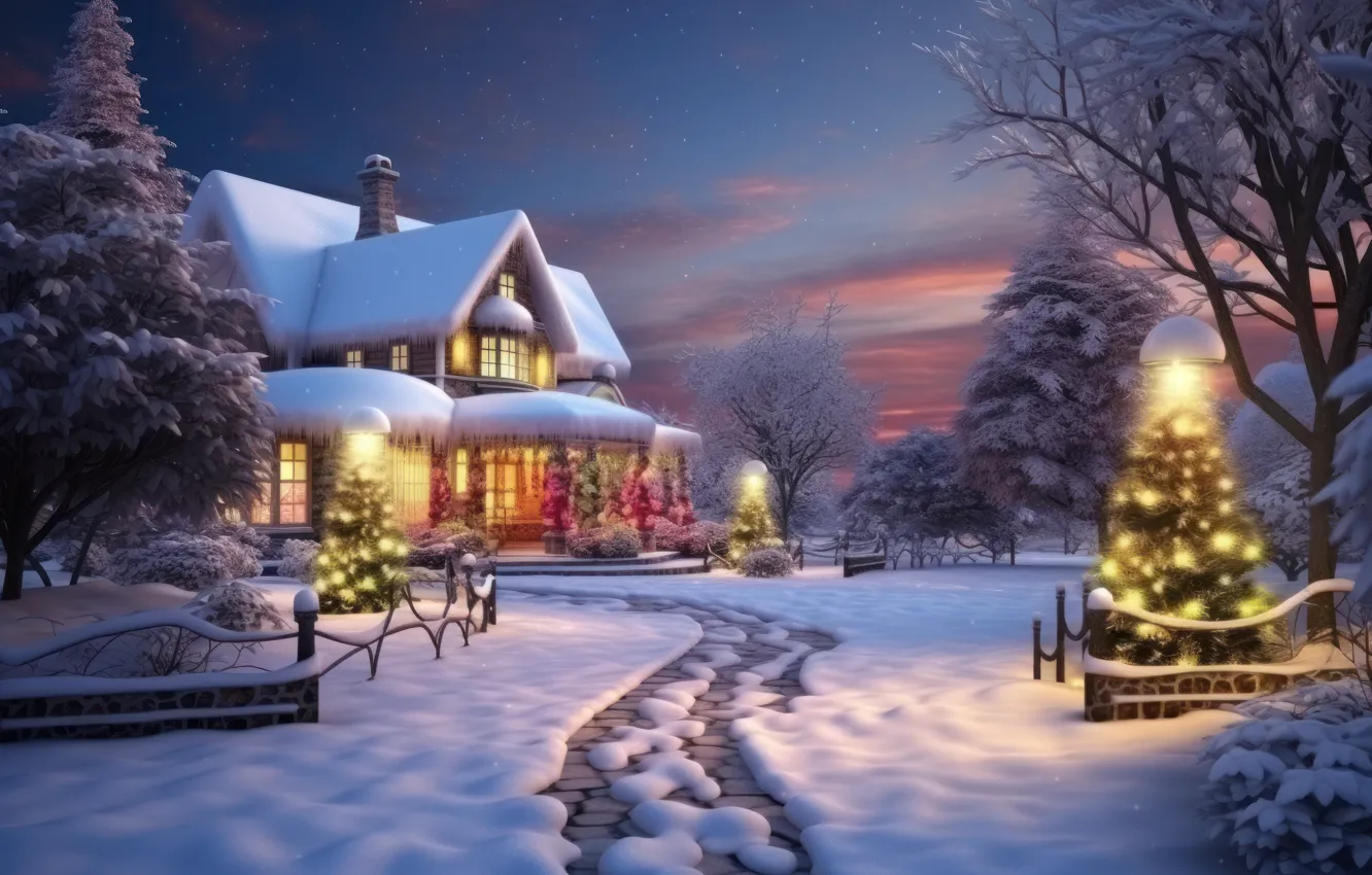 Photo wallpaper winter, snow, nature, new year, Christmas, house, hut, cottage