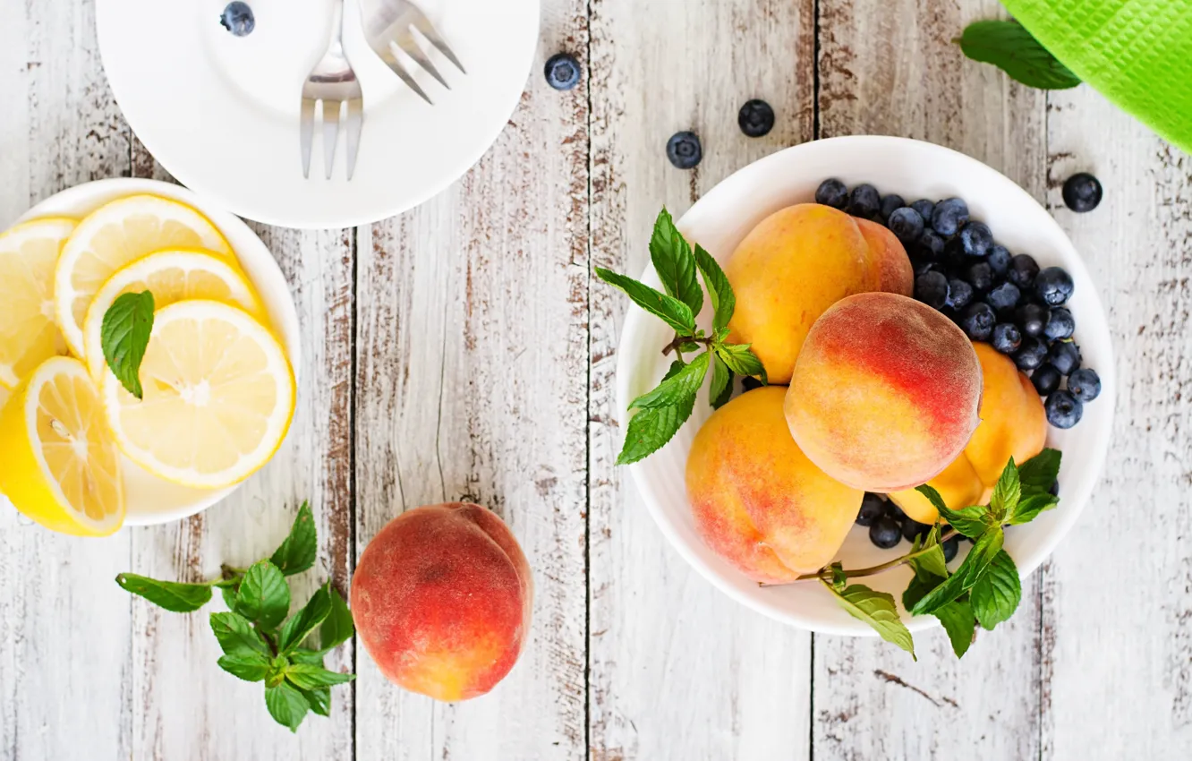 Photo wallpaper lemon, blueberries, Peaches