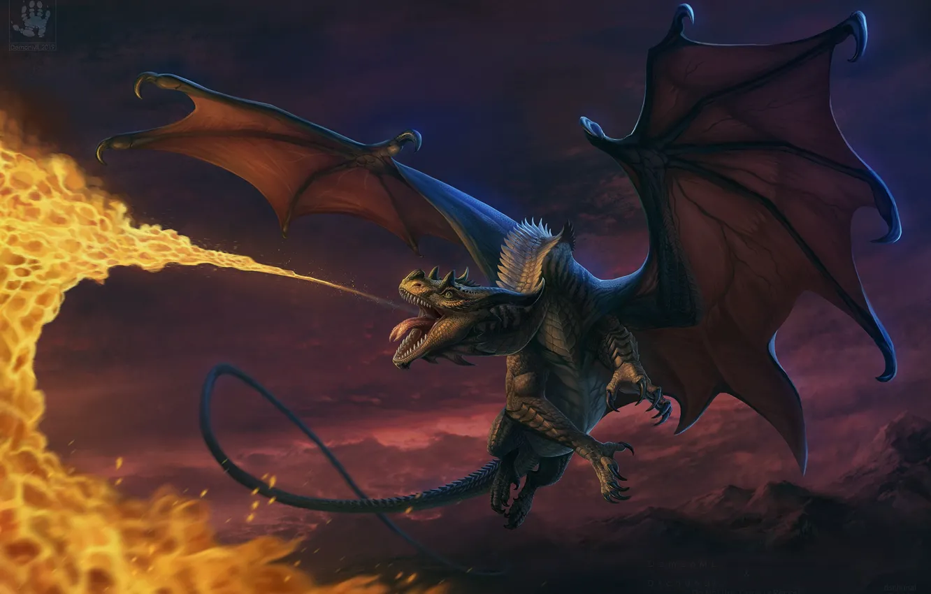 Photo wallpaper flight, flame, dragon, fire-breathing dragon