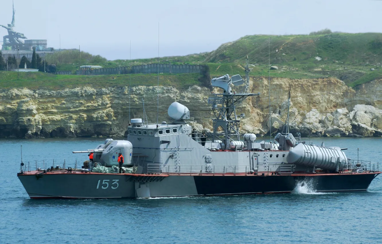 Photo wallpaper shore, monument, Missile boat