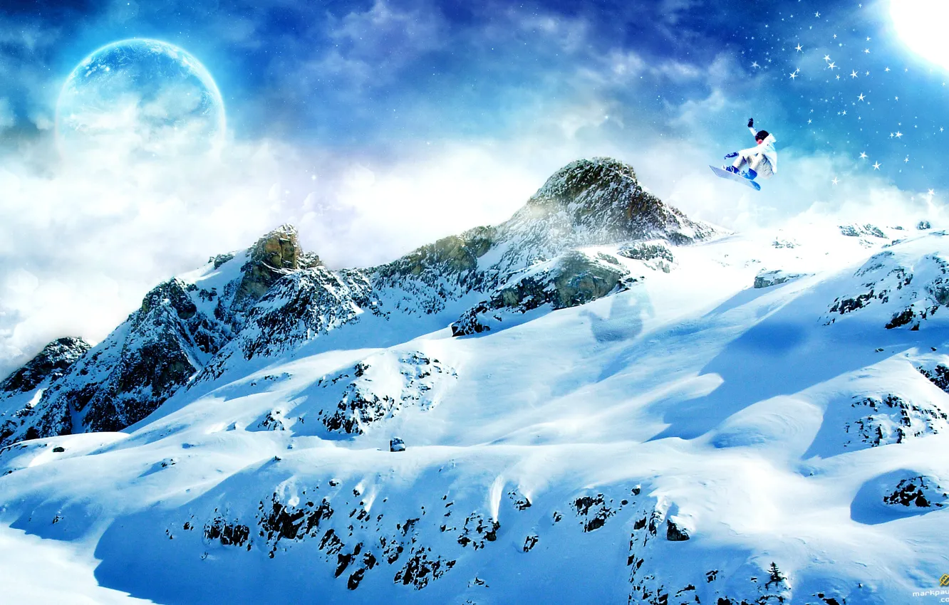 Photo wallpaper snow, mountains, snowboard