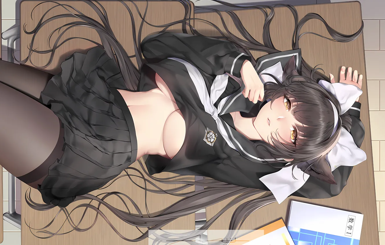 Photo wallpaper girl, sexy, school uniform, long hair, boobs, animal ears, anime, beautiful