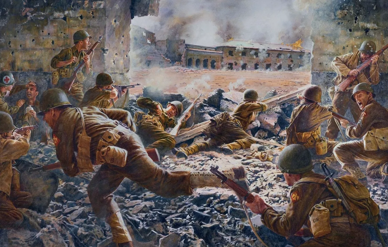 Photo wallpaper war, art, soldiers, shootout, WW2